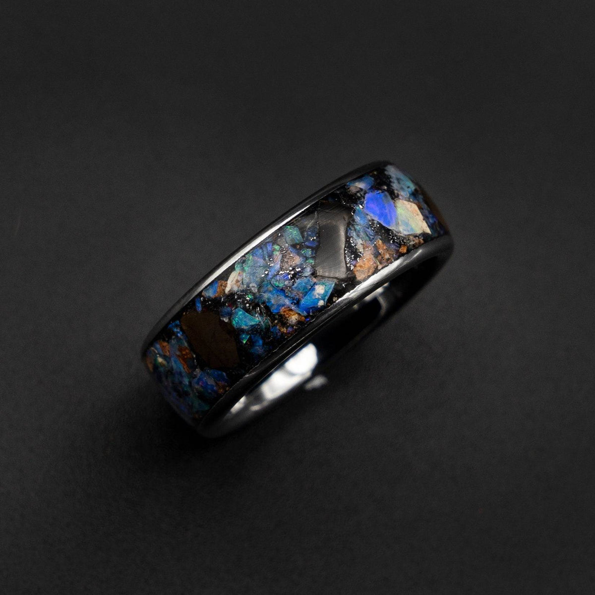 T Rex Fossil Genuine Australian Opal Tungsten Ring