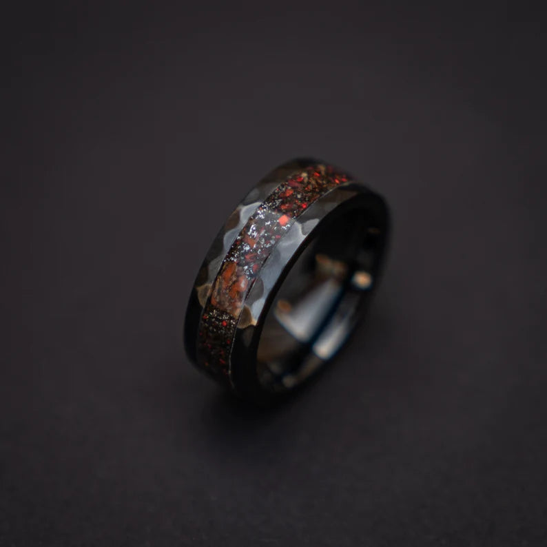 Black Hammered Ceramic Ring With Triceratops Meteorite & Opal