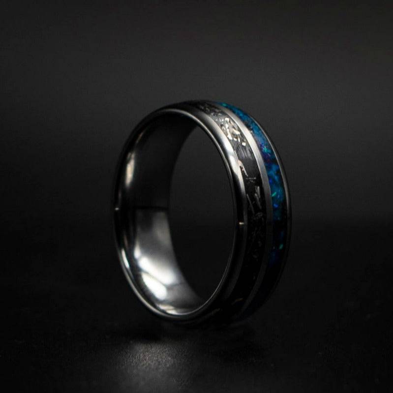 Tungsten double inlay with meteorite stardust and galaxy glow
