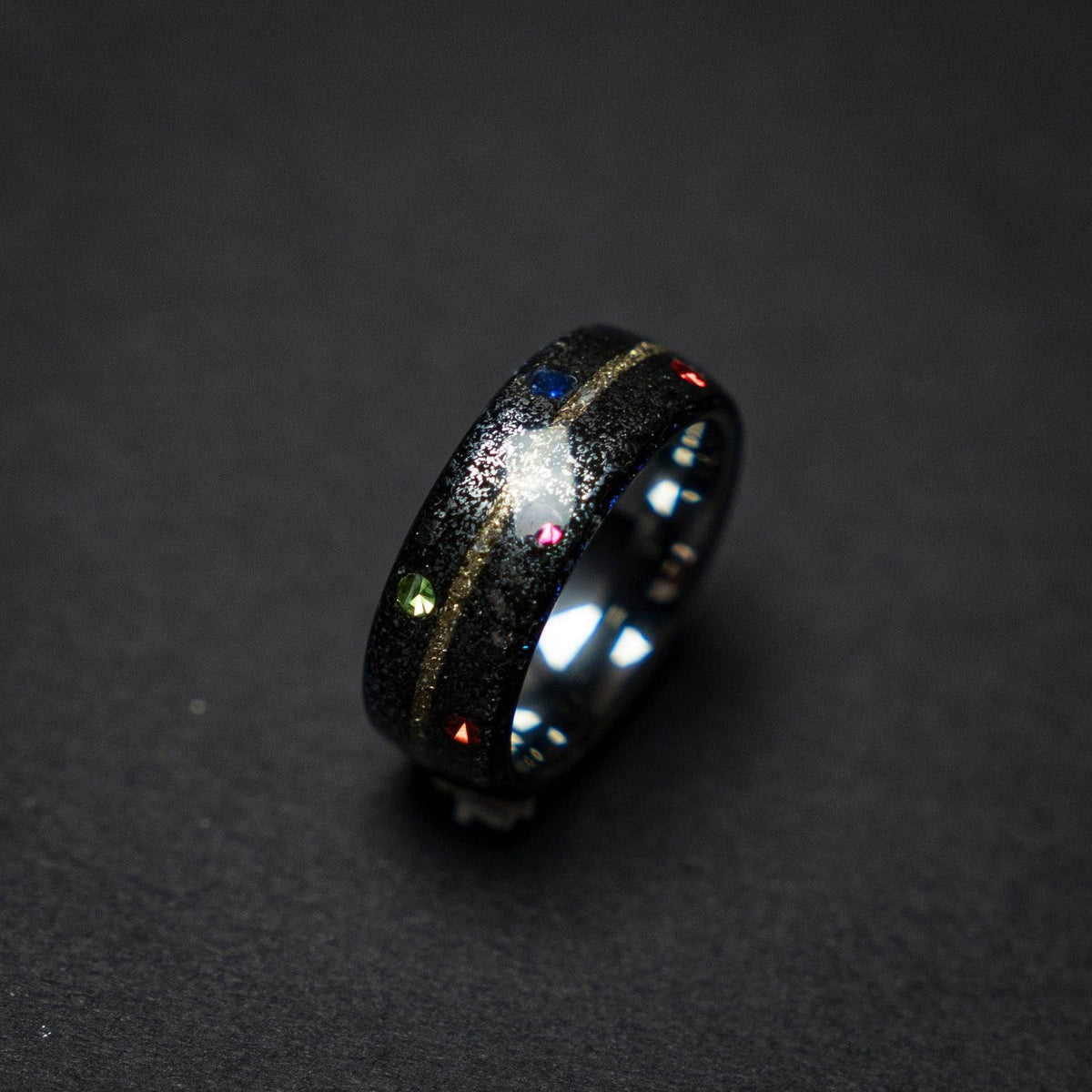 Tungsten ring core with meteorite and the six infinity stones