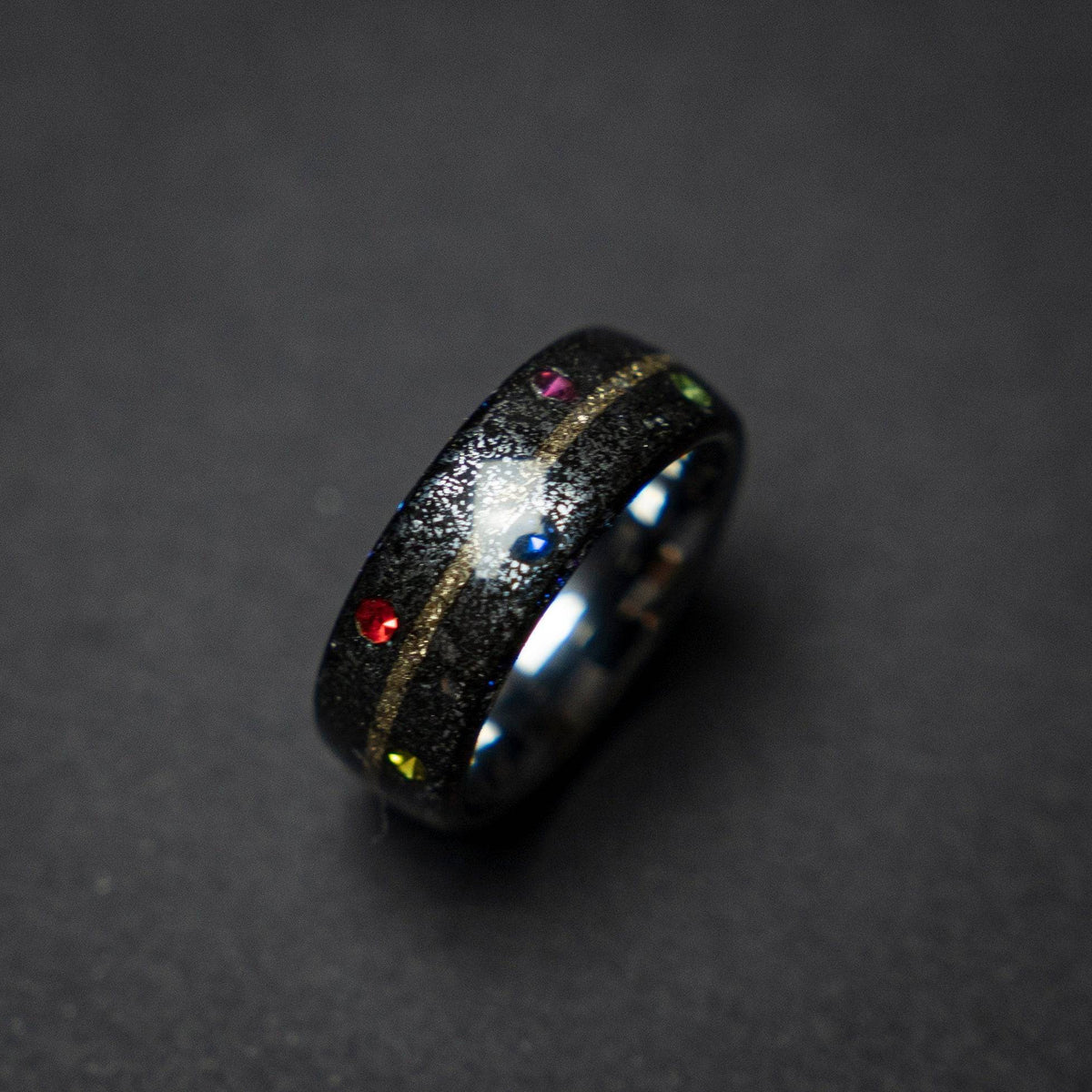 Tungsten ring core with meteorite and the six infinity stones