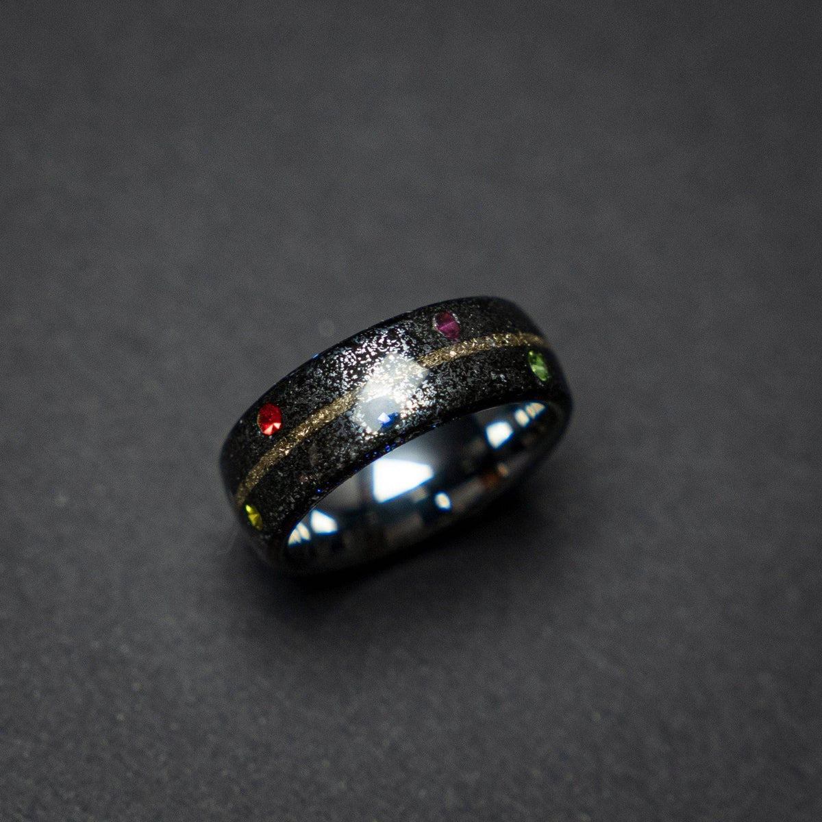 Tungsten ring core with meteorite and the six infinity stones