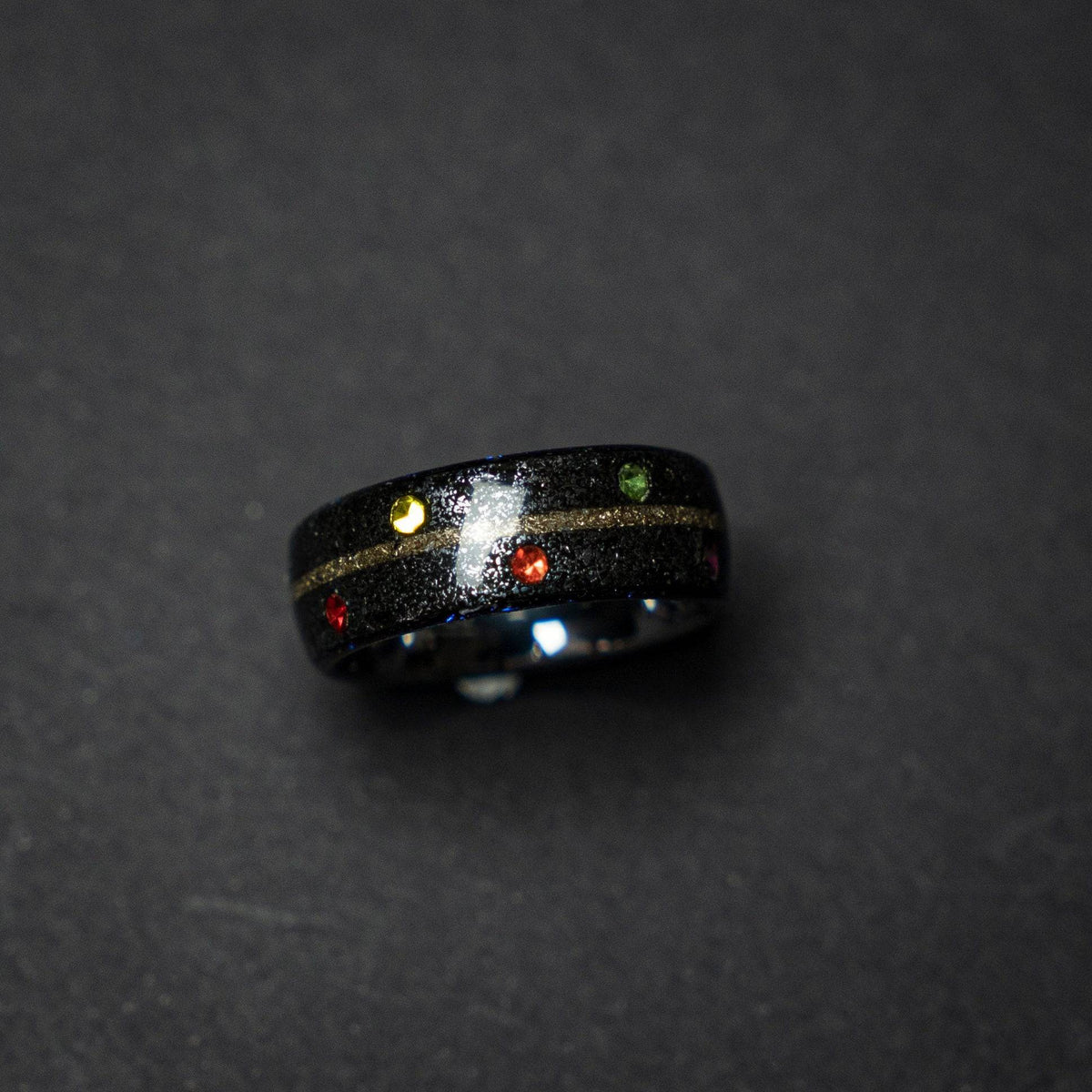 Tungsten ring core with meteorite and the six infinity stones