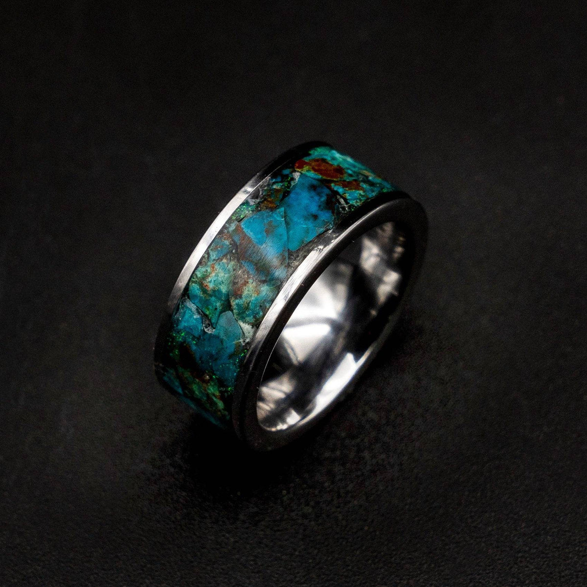 Tungsten ring filled with Chrysocolla