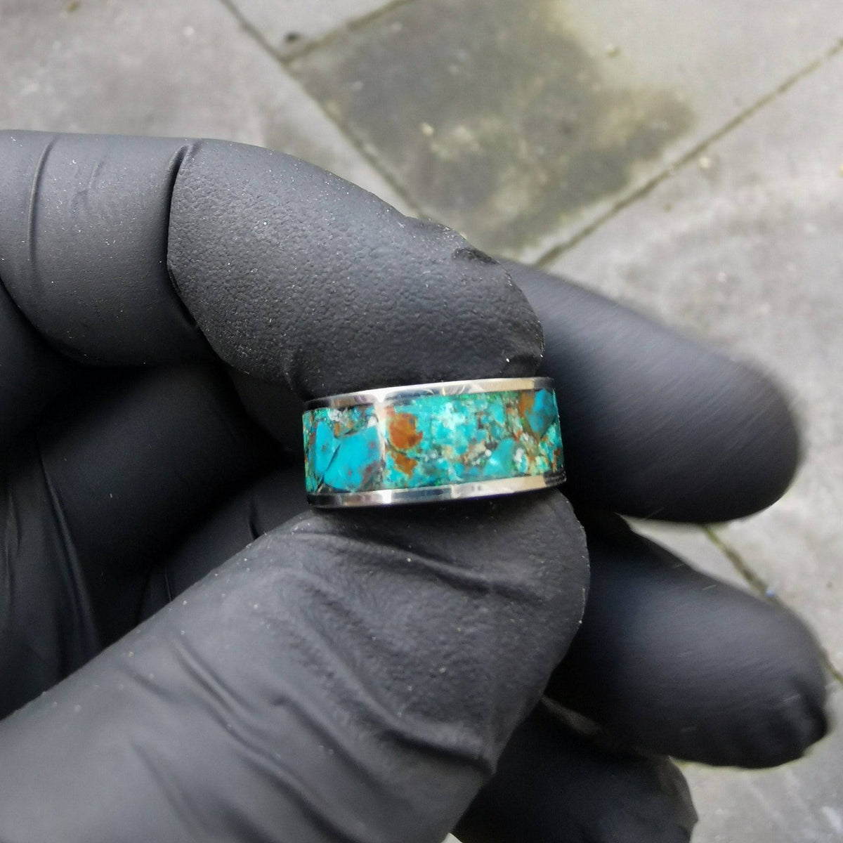 Tungsten ring filled with Chrysocolla