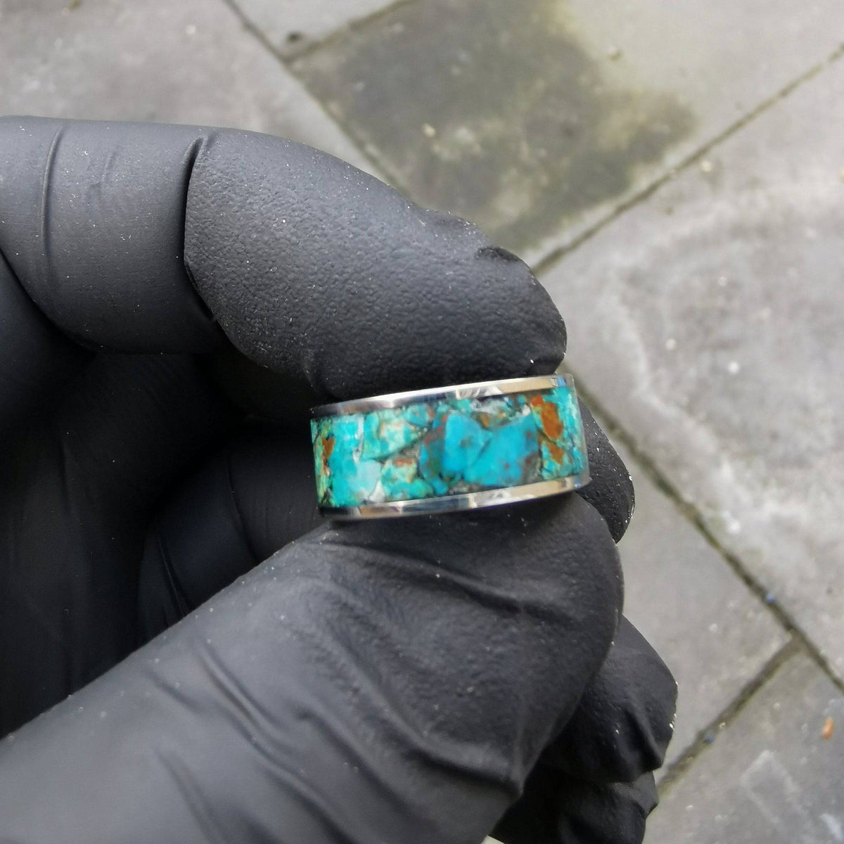 Tungsten ring filled with Chrysocolla