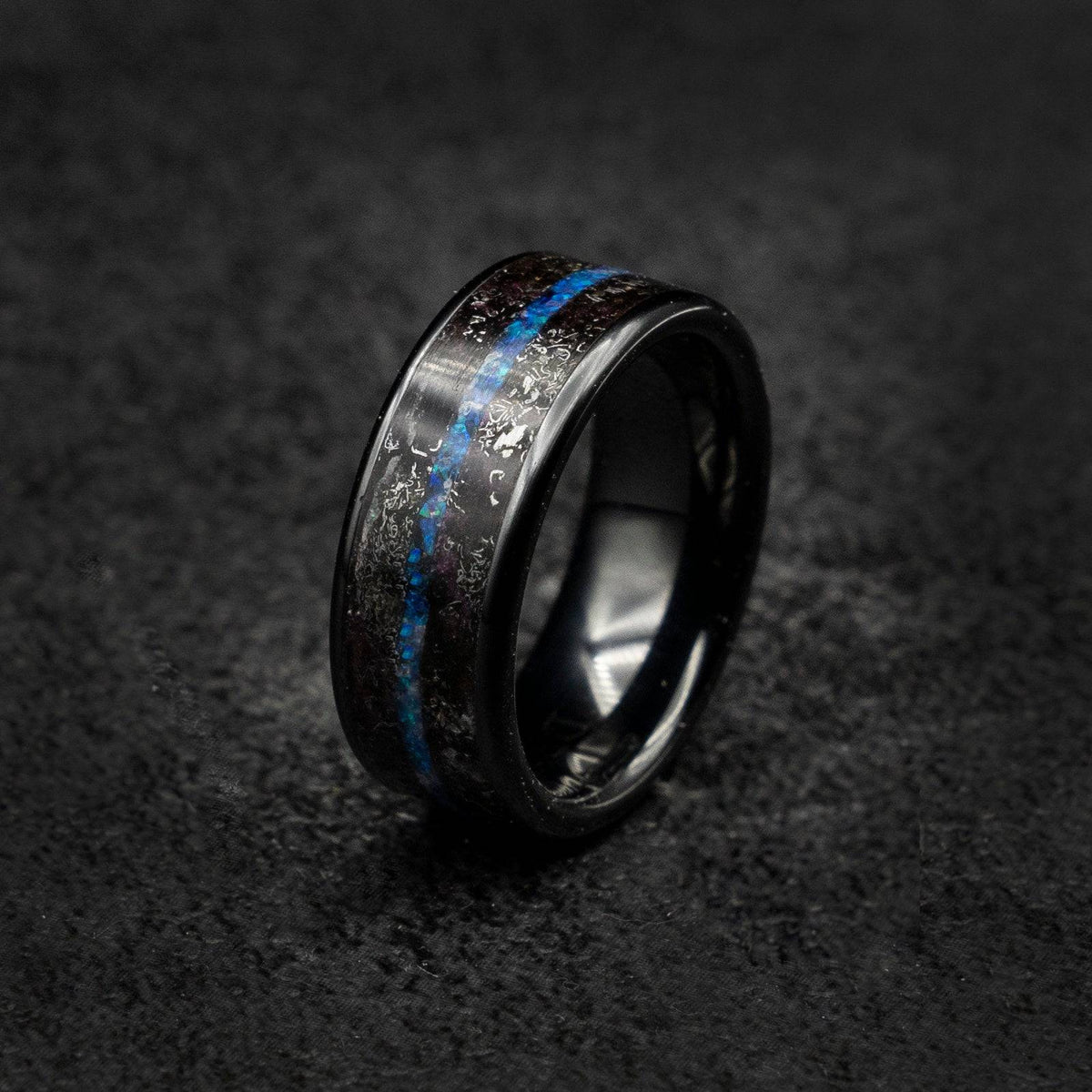 Tungsten ring filled with meteorite and offset blue opal line