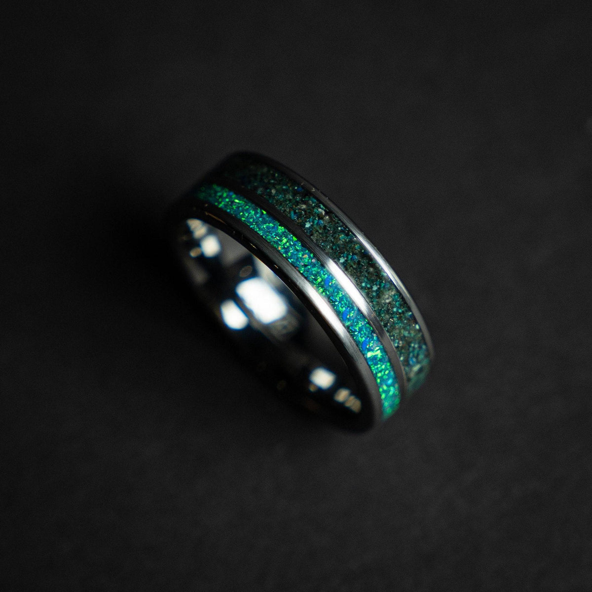 Tungsten ring filled with Quantum Quatro and opal
