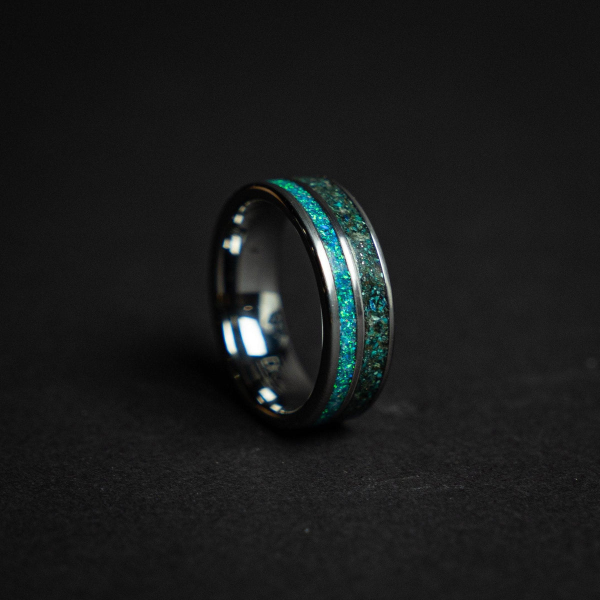 Tungsten ring filled with Quantum Quatro and opal