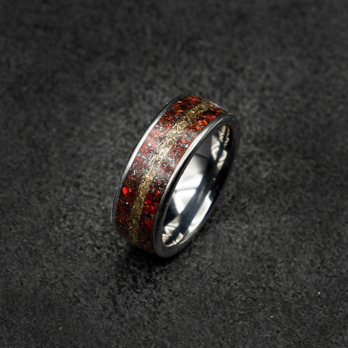 Tungsten ring filled with red opal and mokume gane | Decazi