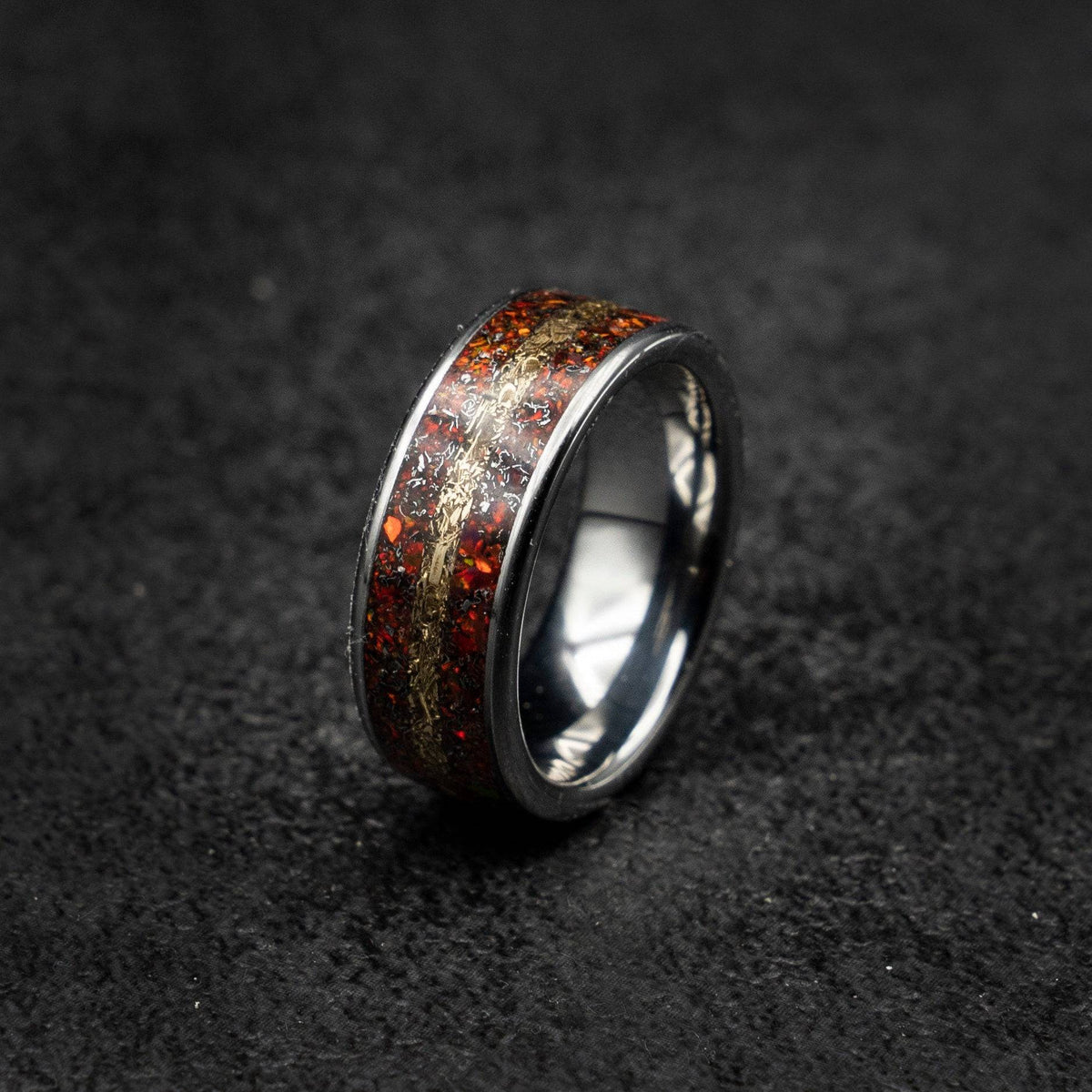Tungsten ring filled with red opal and mokume gane | Decazi