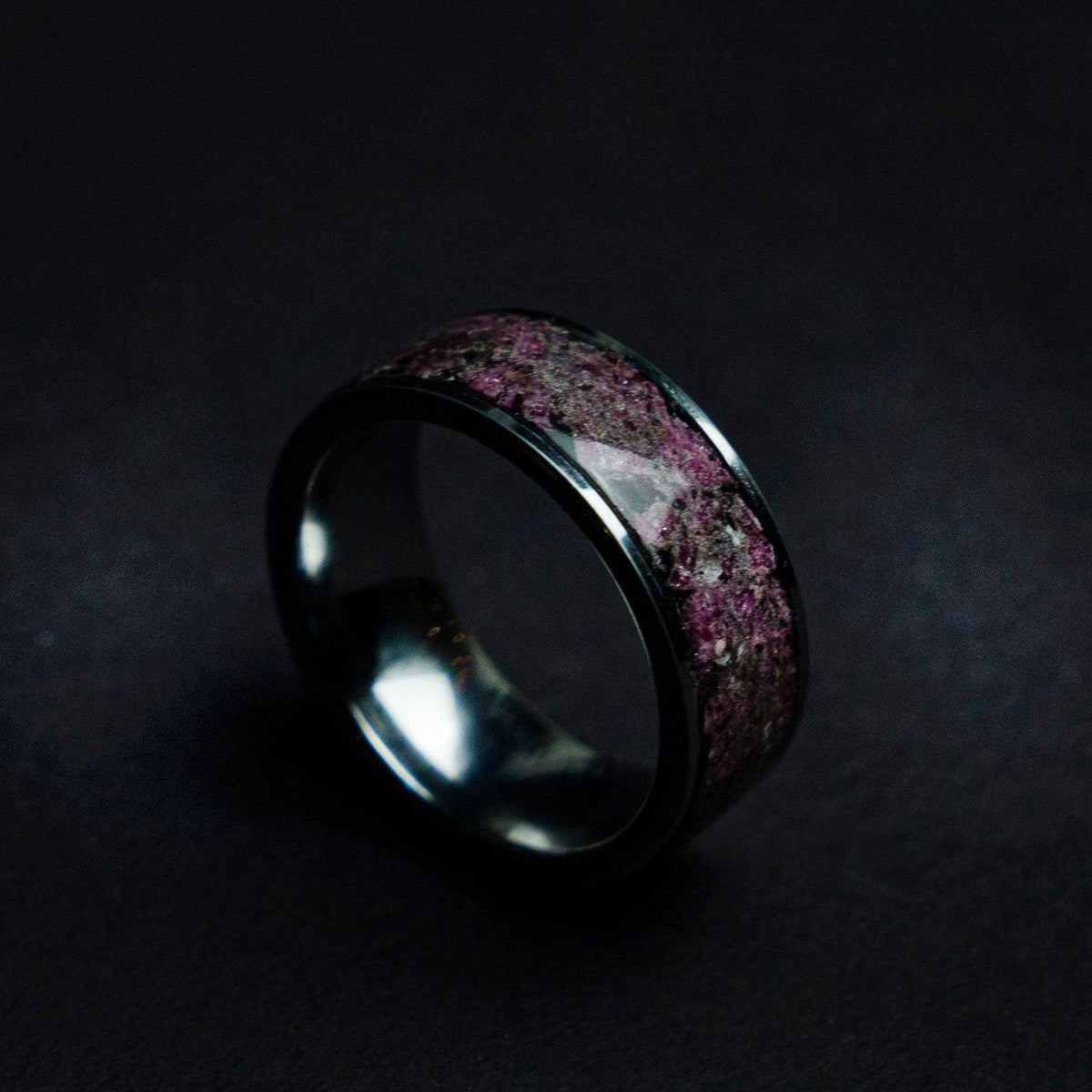 Tungsten ring filled with Ruby