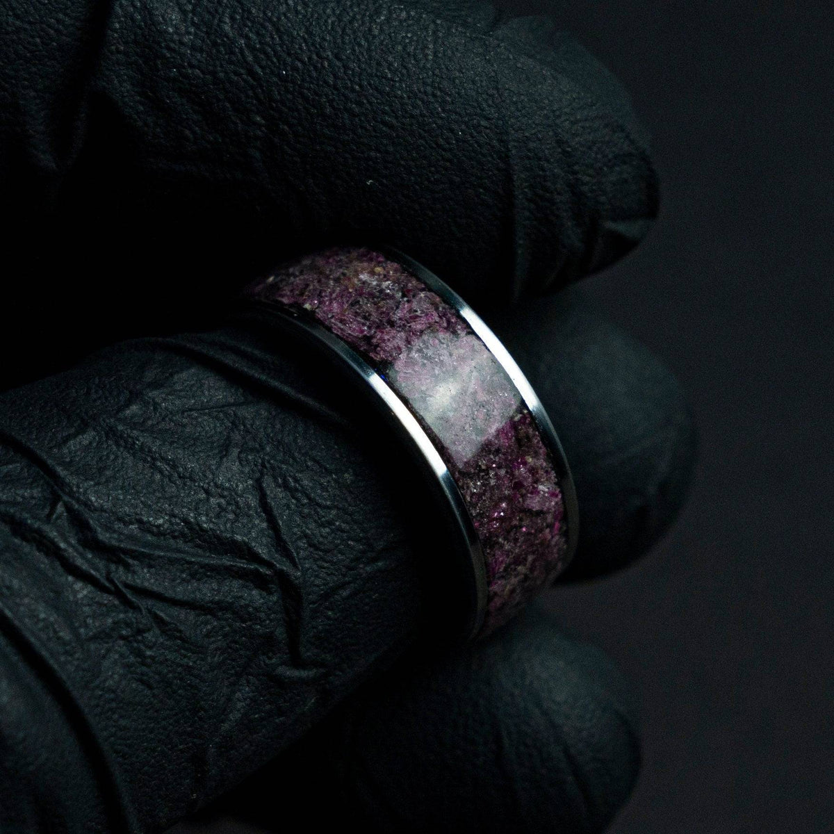 Tungsten ring filled with Ruby