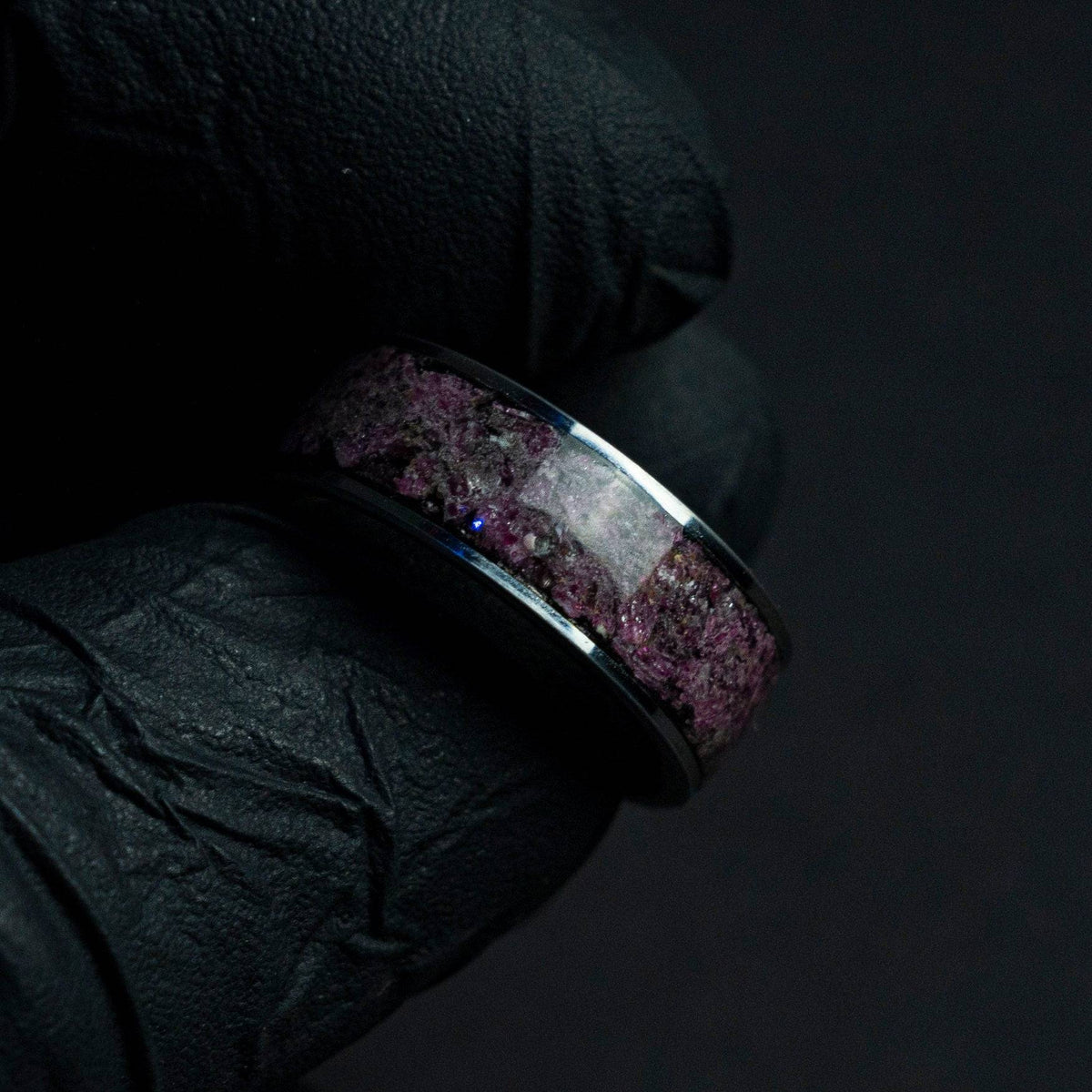 Tungsten ring filled with Ruby