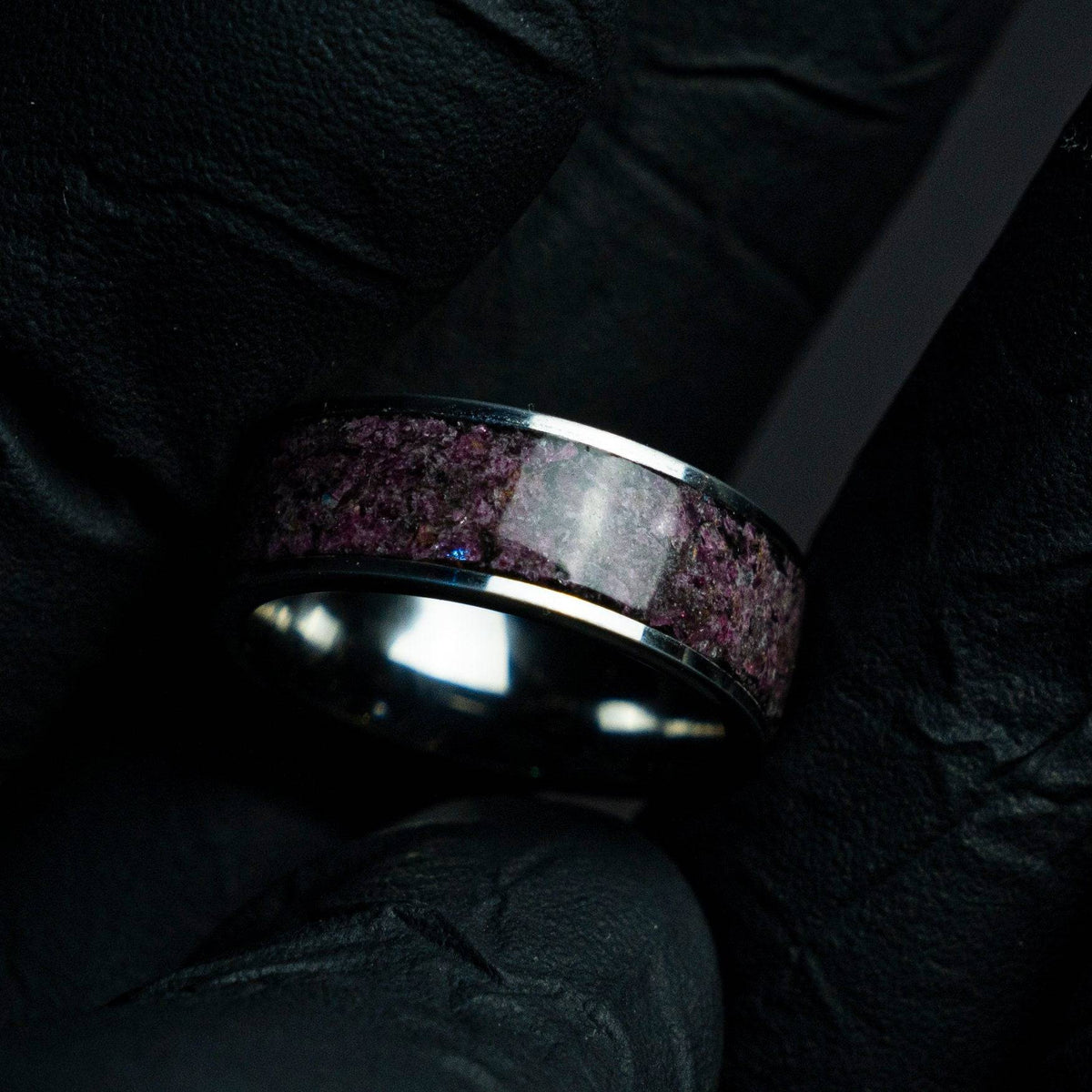 Tungsten ring filled with Ruby