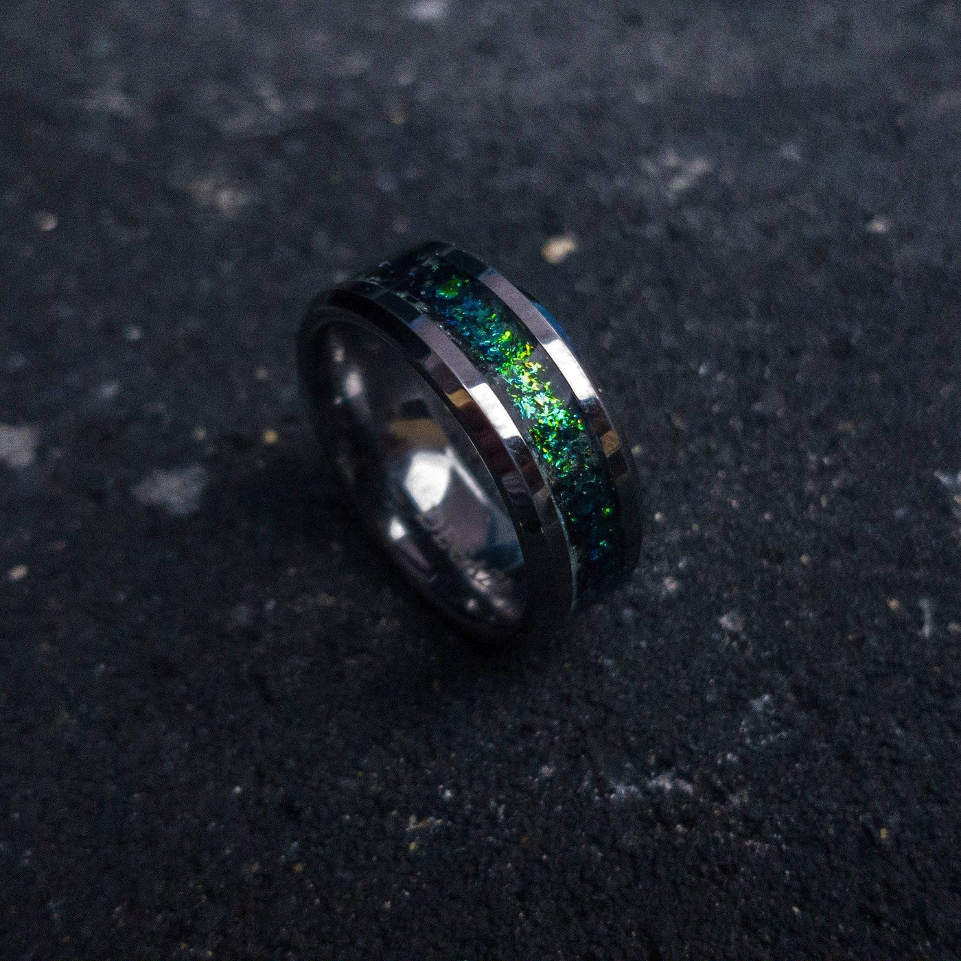 Tungsten ring with green chameleon flakes