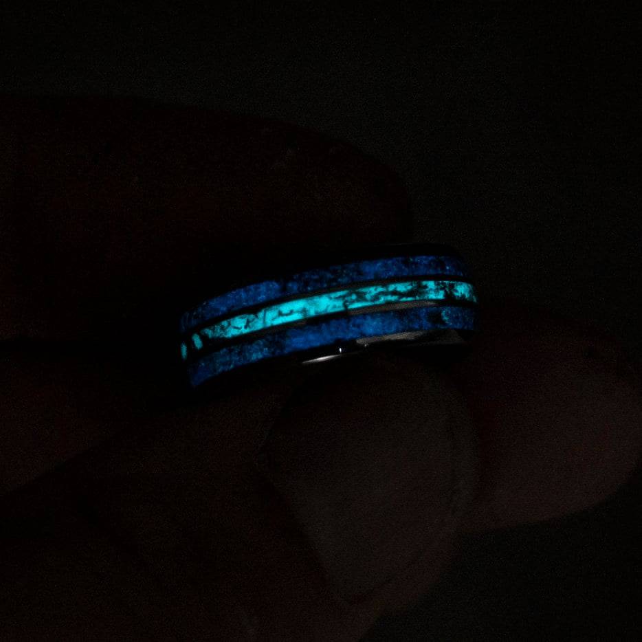 Tungsten ring with meteorite, black opal and glow powder