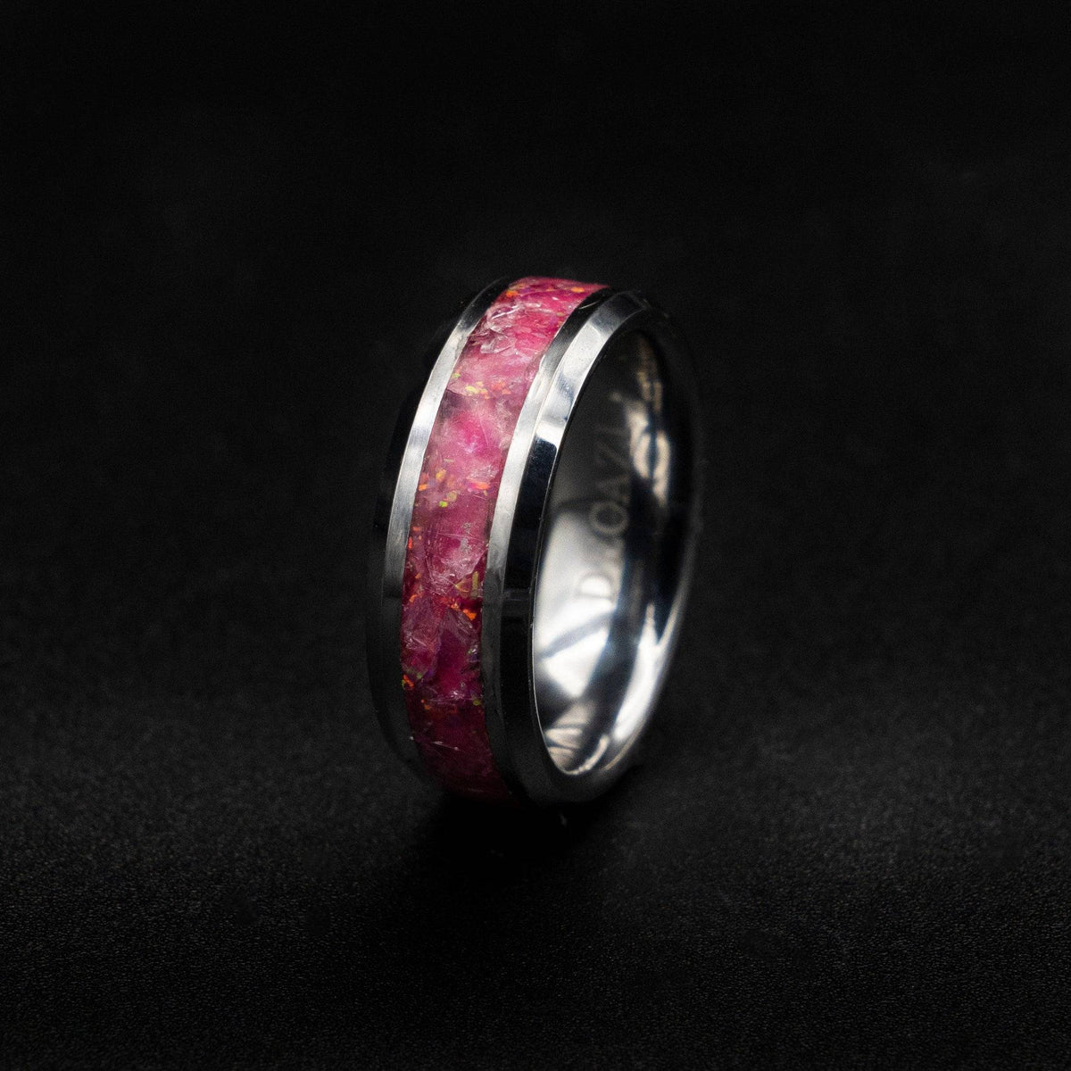 Tungsten Ring With Rose Quartz Inlay
