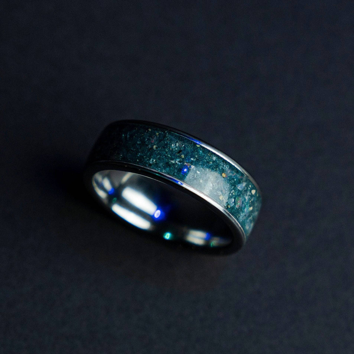 Wide tungsten ring filled with Aquamarine
