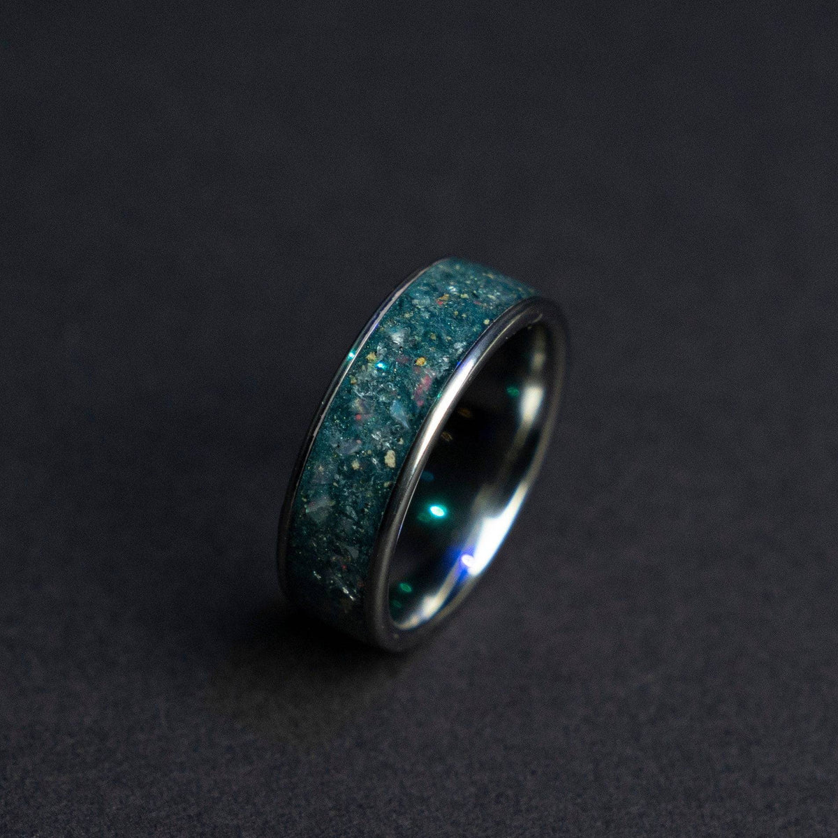 Wide tungsten ring filled with Aquamarine