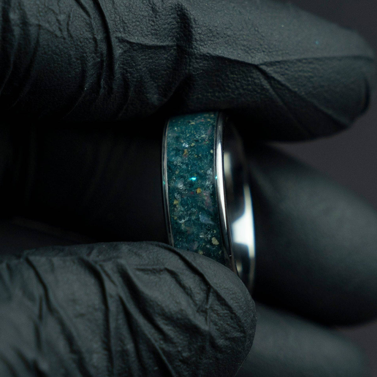 Wide tungsten ring filled with Aquamarine