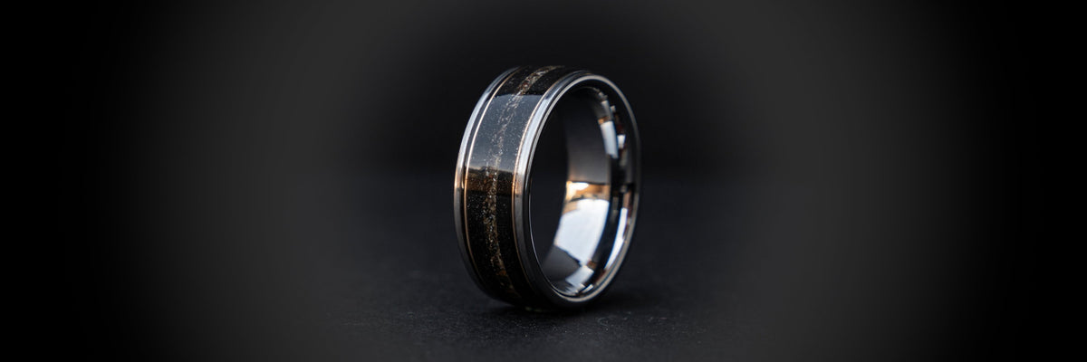 Tungsten handcrafted rings with Dinosaur Fossil, Opal and Meteorite | Decazi