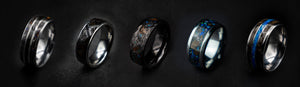 Tungsten handcrafted rings with Dinosaur Fossil, Opal and Meteorite | Decazi