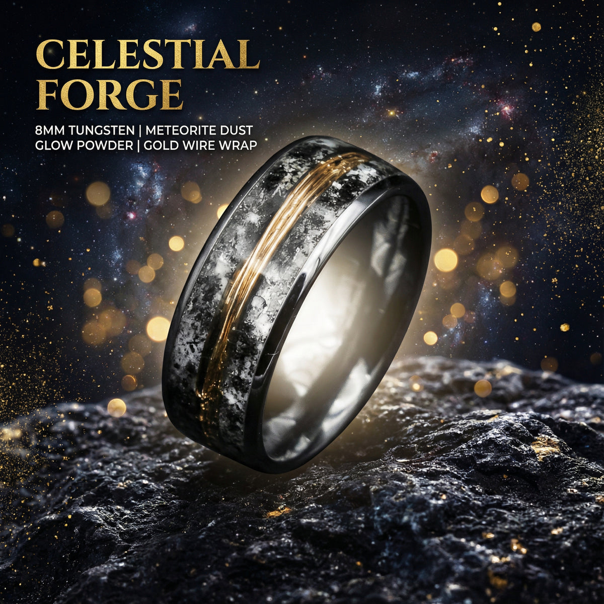 Glow in the dark tungsten ring with meteorite and 18k golden wire