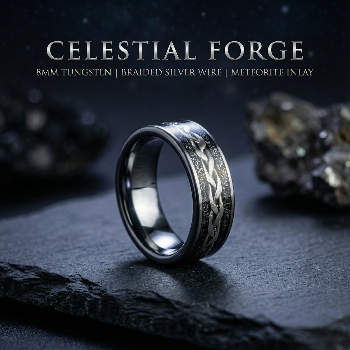 Tungsten viking ring with meteorite and silver wire