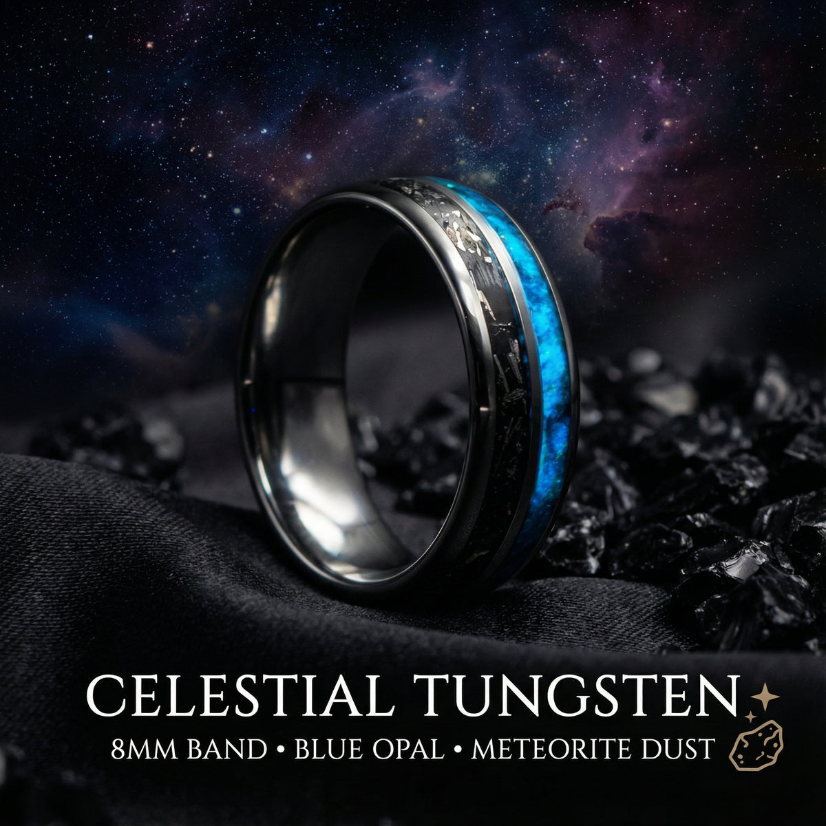 Tungsten double inlay with meteorite stardust and galaxy glow