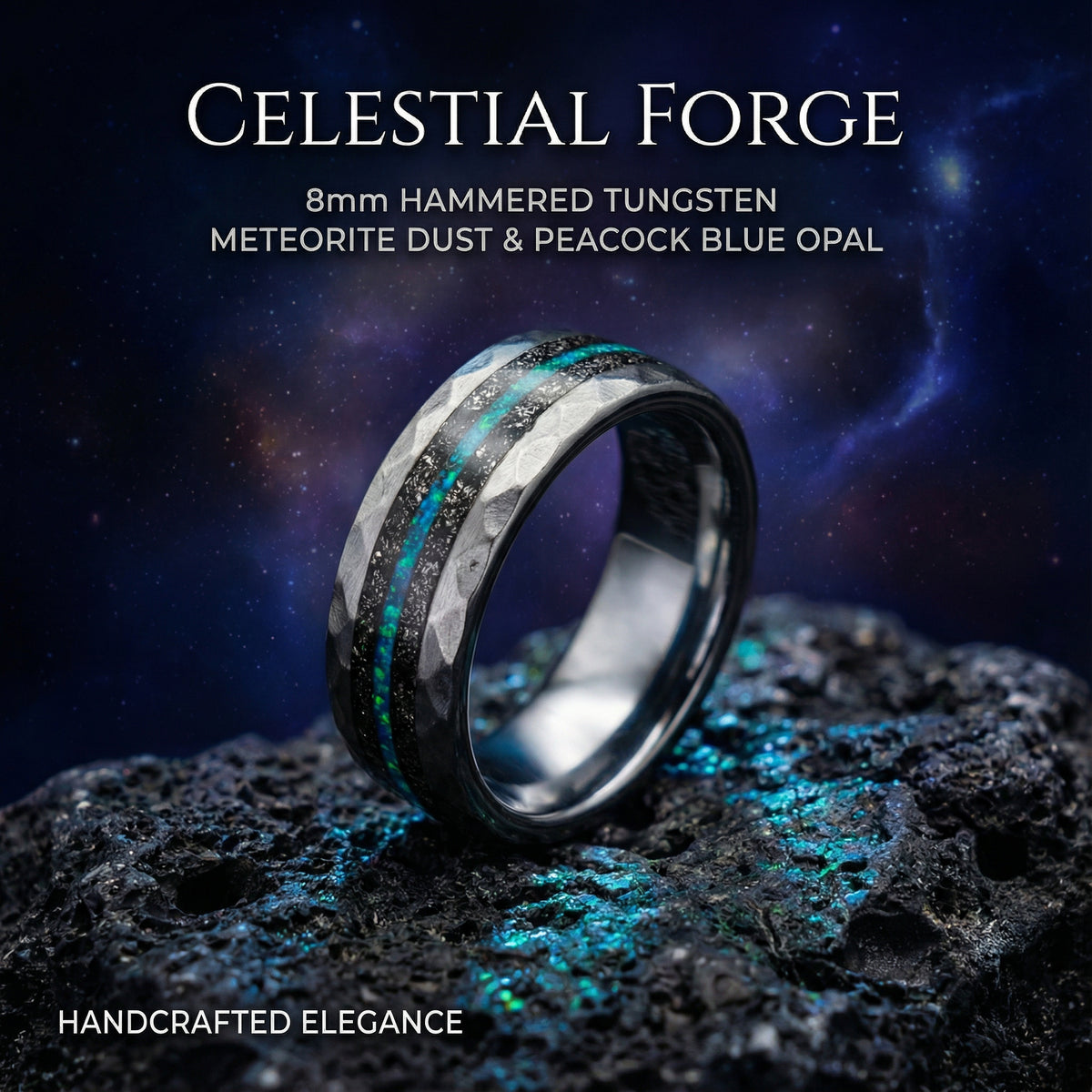 Hammered Meteorite & Green Opal Tungsten Ring