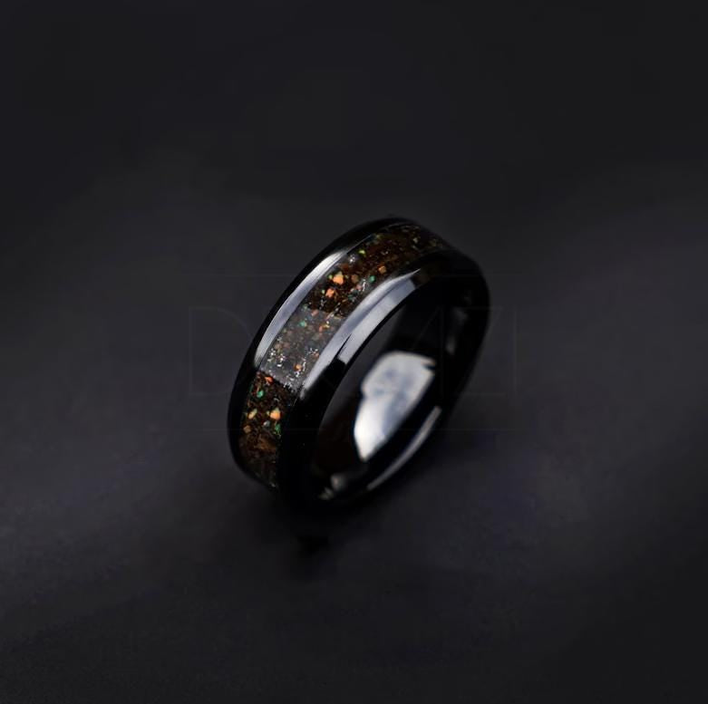 Beveled ceramic ring filled with multi color opal mixed with meteorite and Tyrannosaurus rex line in the middle 8 mm for Jenny