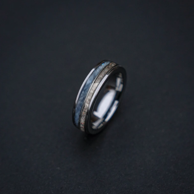 Flat tungsten ring filled with blue saphire and moonstone with silver wire 6 mm for Sahal