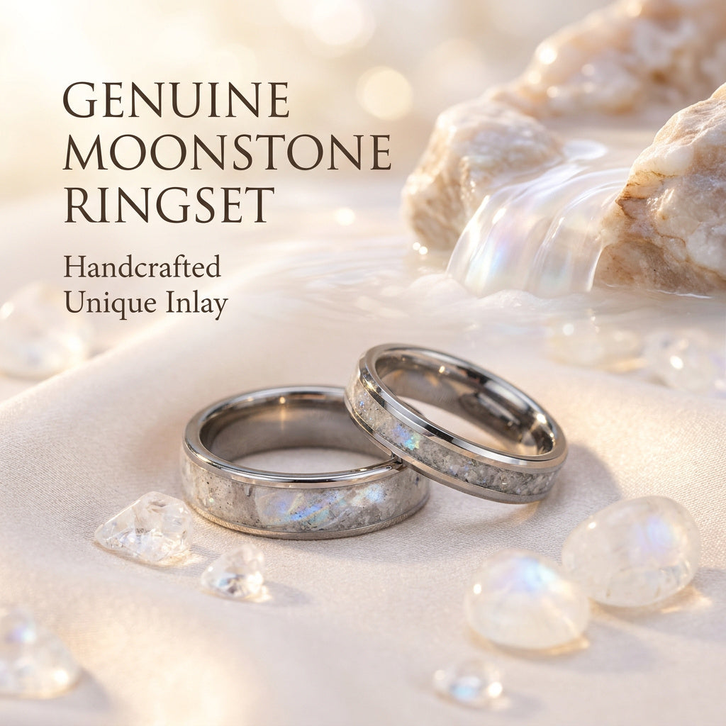 Silver Tungsten Ring Set, Rainbow Moonstone Inlay 6mm & 4mm, Comfort Fit