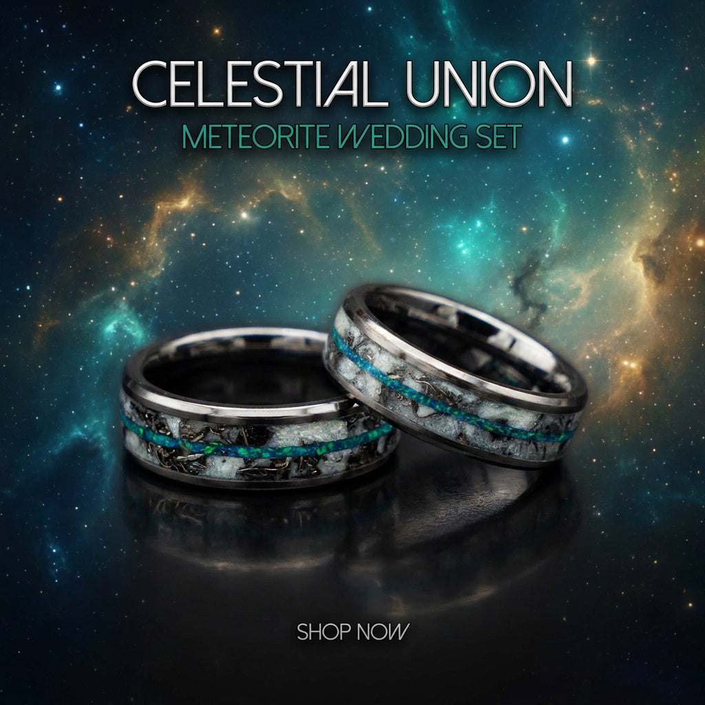 Tungsten Marble ring set with Aqua Glow In The Dark, Meteorite And Opal - 2