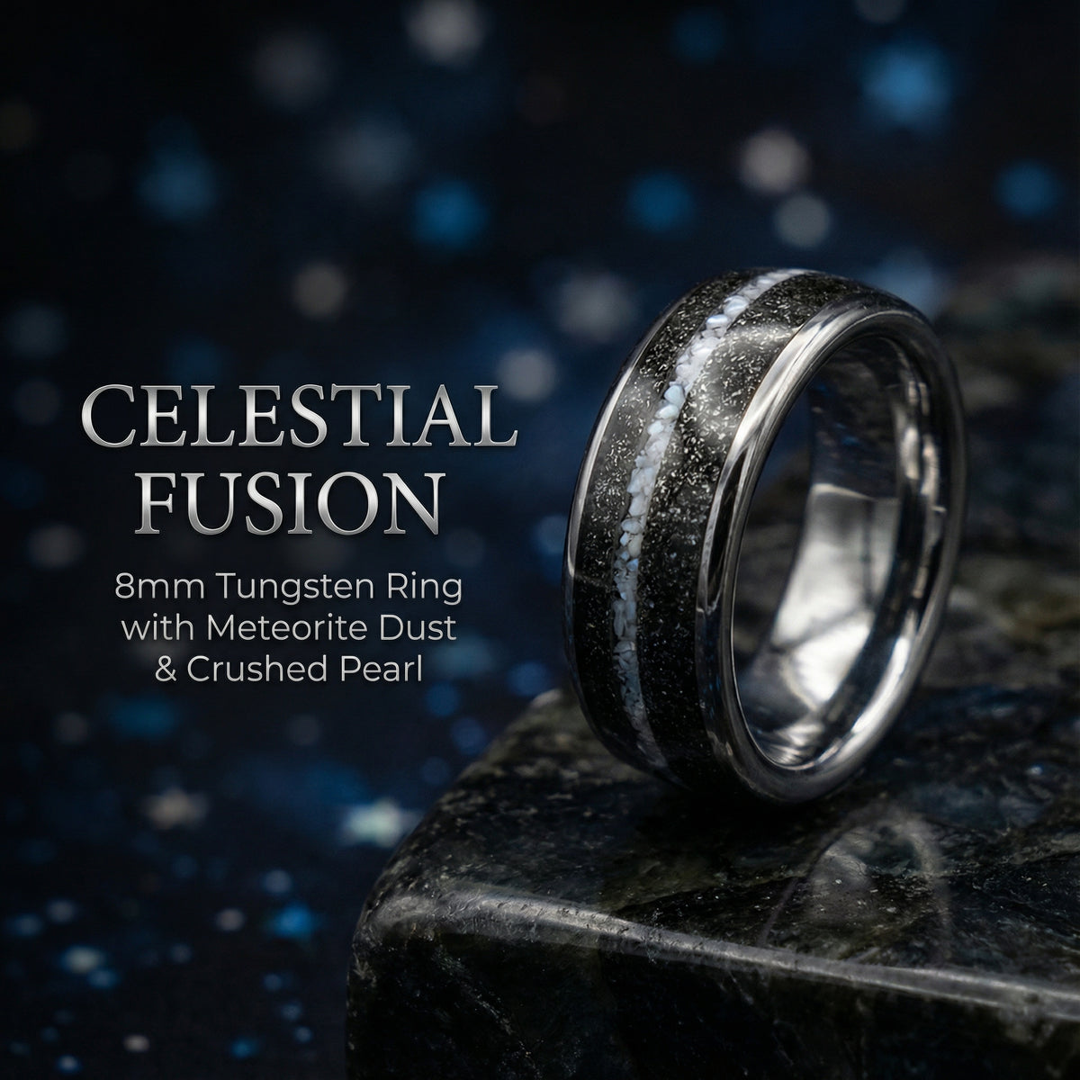 Tungsten ring with meteorite and offset crushed pearl line