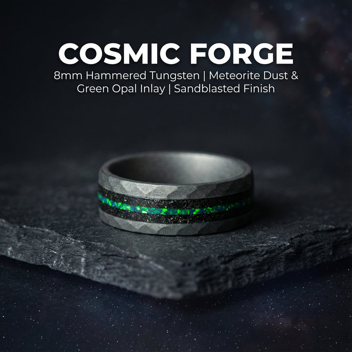 Tungsten sandblasted ring with meteorite and opal