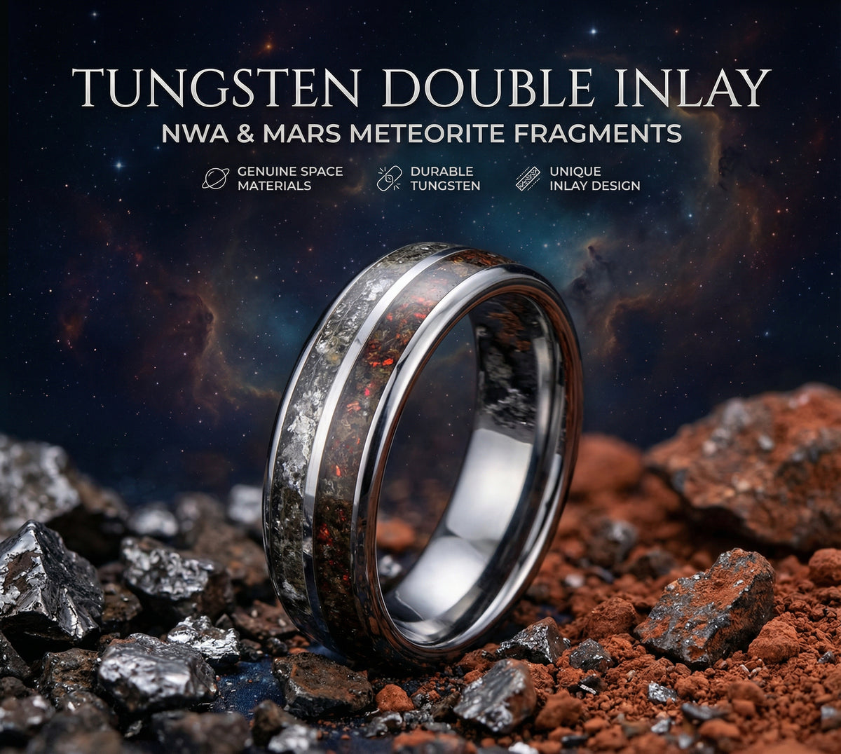 Double Inlay Tungsten Ring with Genuine Moon & Mars Fragments