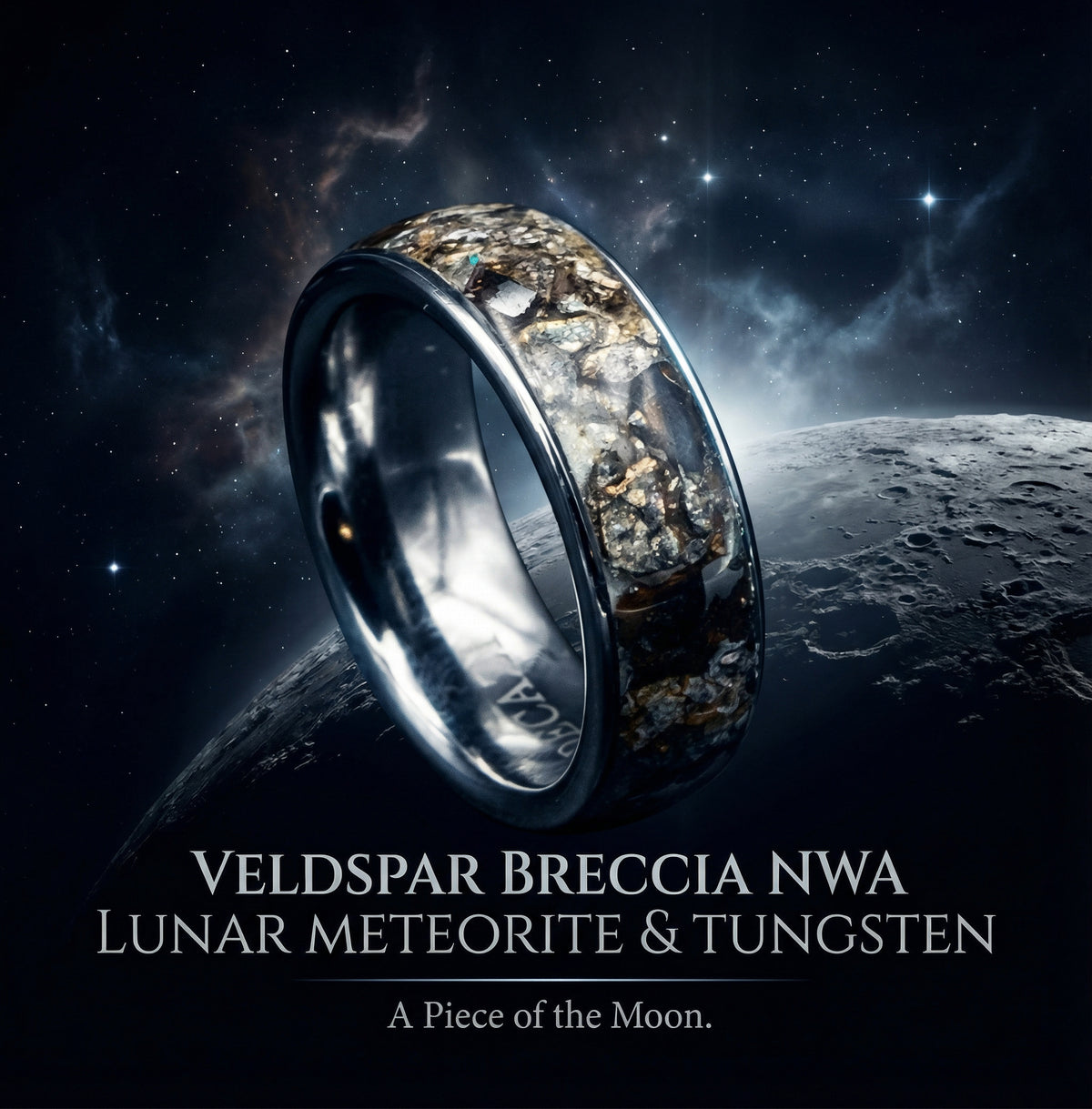 Tungsten ring with lunar veldspaat breccia and pallasite