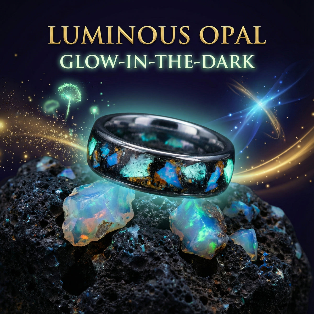 Genuine Australian Opal Blue Glow Tungsten Ring