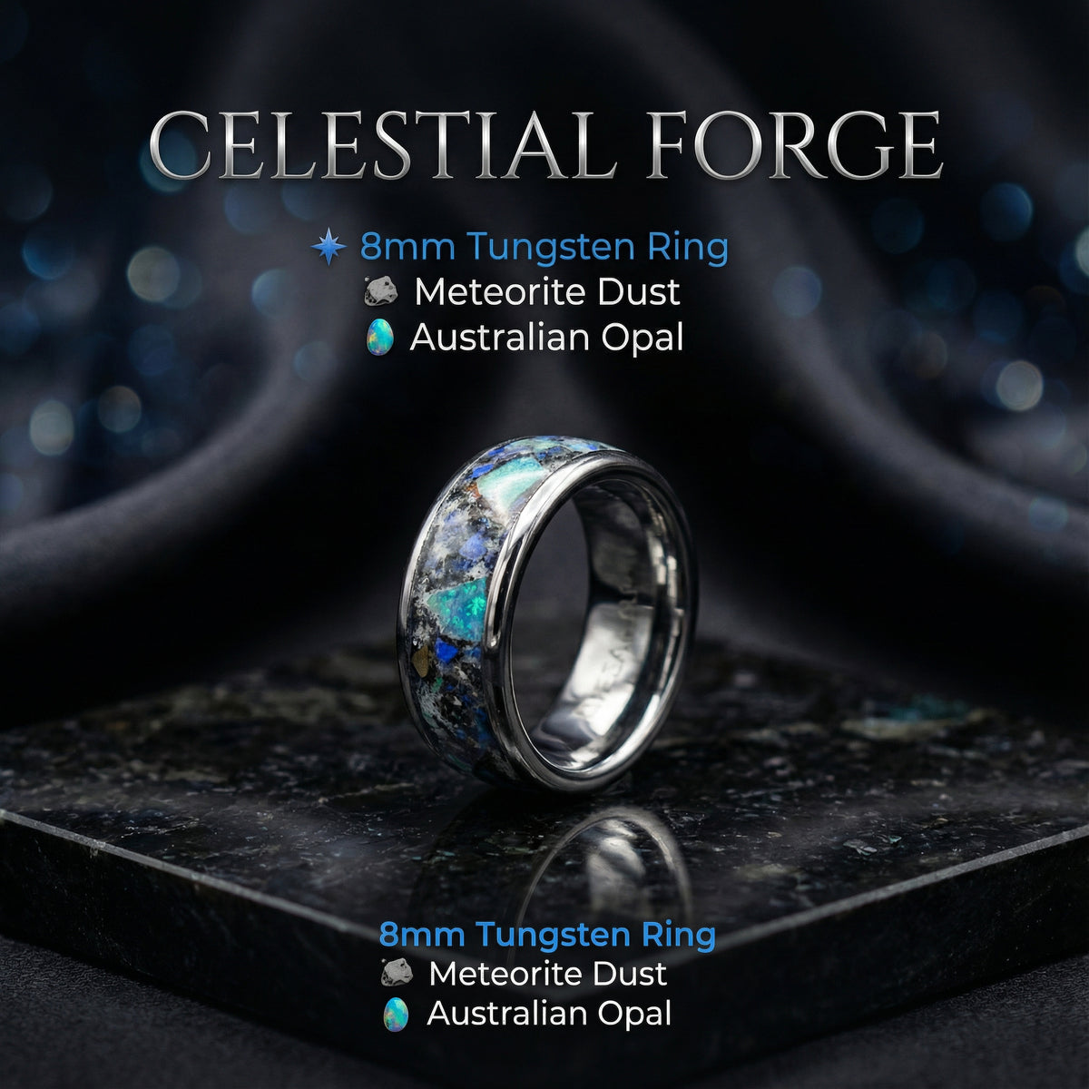 Genuine Australian opal ring with glowstone and meteorite dust
