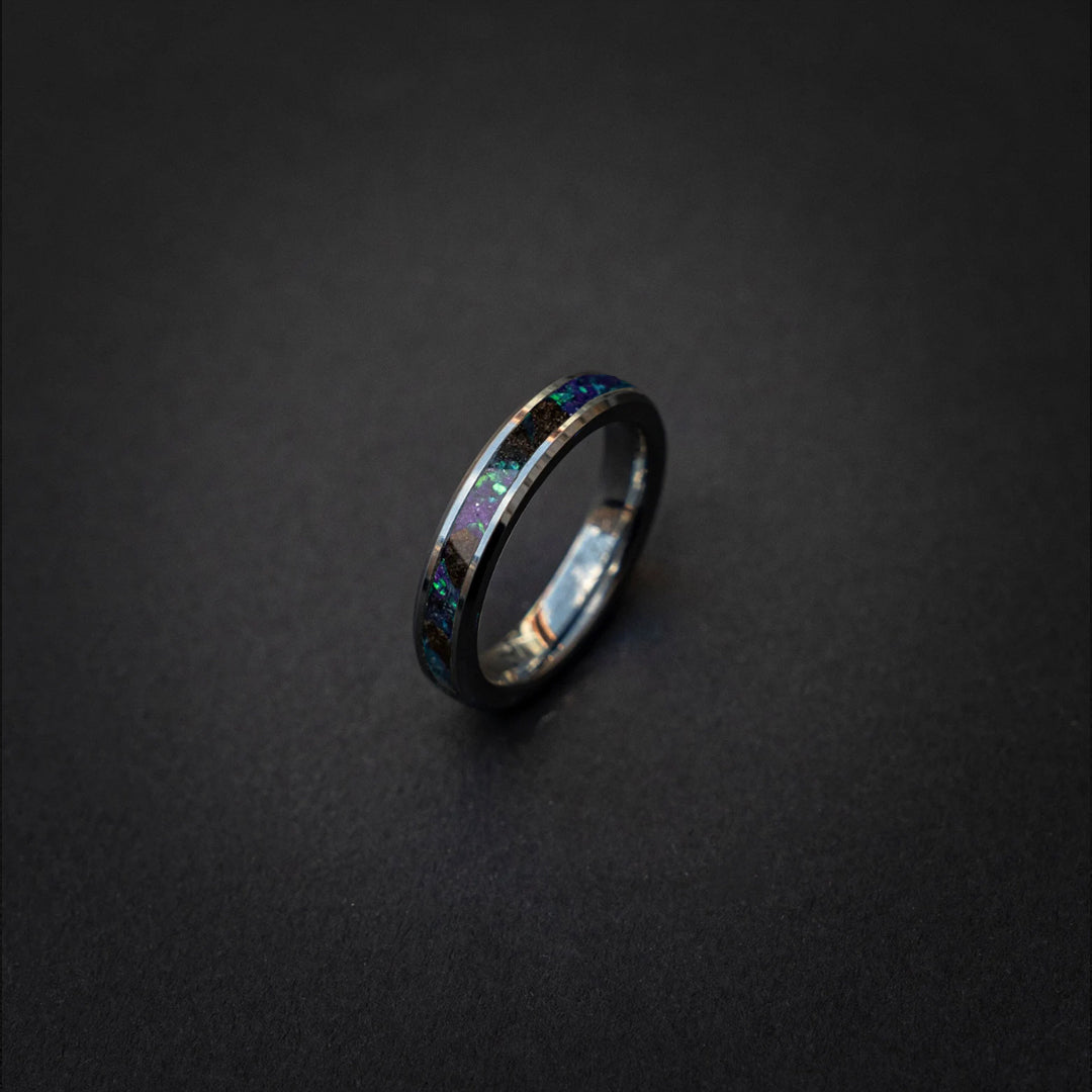 Beveled tungsten ring filled with purple and blue opal mixed with meteorite with triceratops 4 mm for Suzy