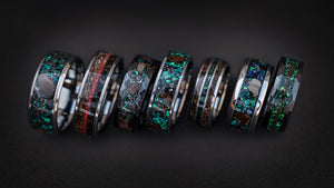 Dinosaur bone fossil rings from Decazi with meteorite, opal made out of tungsten and ceramic