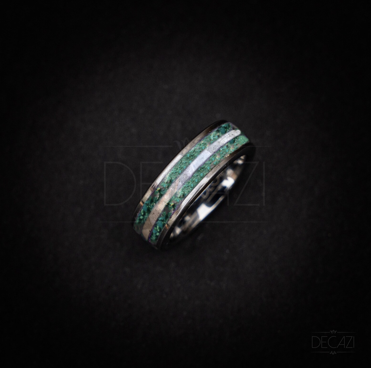 Flat tungsten ring filled with Emerald and moonstone 6 mm for Birgit