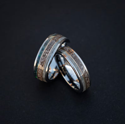 Flat tungsten ring set filled with Moss agate and Trex divided by 18k yellow gold wires 8 mm and 6 mm for Moonlight - Decazi