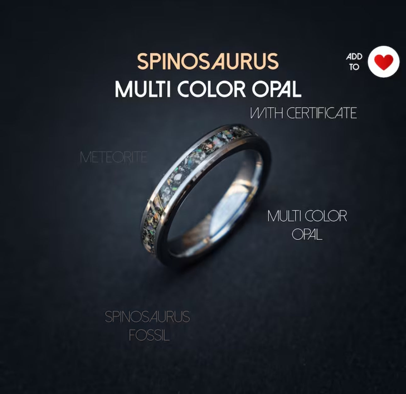 Beveled tungsten ring filled with Spinosaurus, meteorite and multi-color opal 4 mm for Maud - Decazi