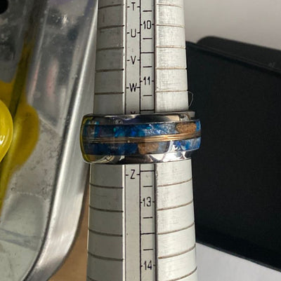 Domed tungsten ring filled with blue galaxy opal mixed with meteorite and small velociraptor pieces with golden wire through the middle 10 mm for Siewert - Decazi