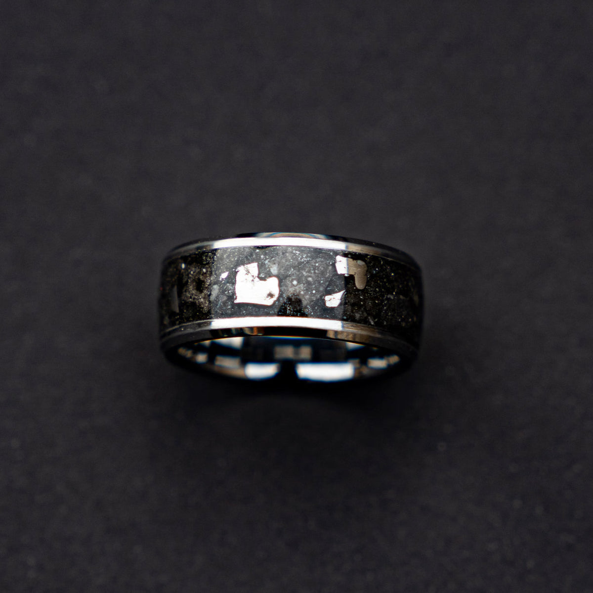 Beveled tungsten ring filled with Moondust and Campo Del Cielo meteorite