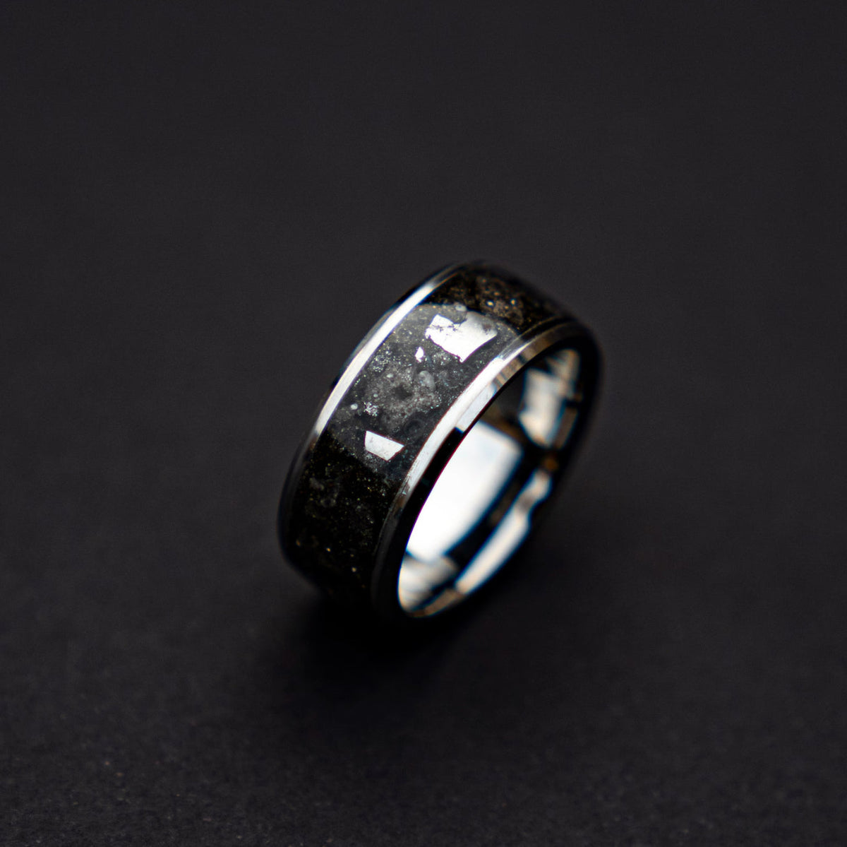 Beveled tungsten ring filled with Moondust and Campo Del Cielo meteorite