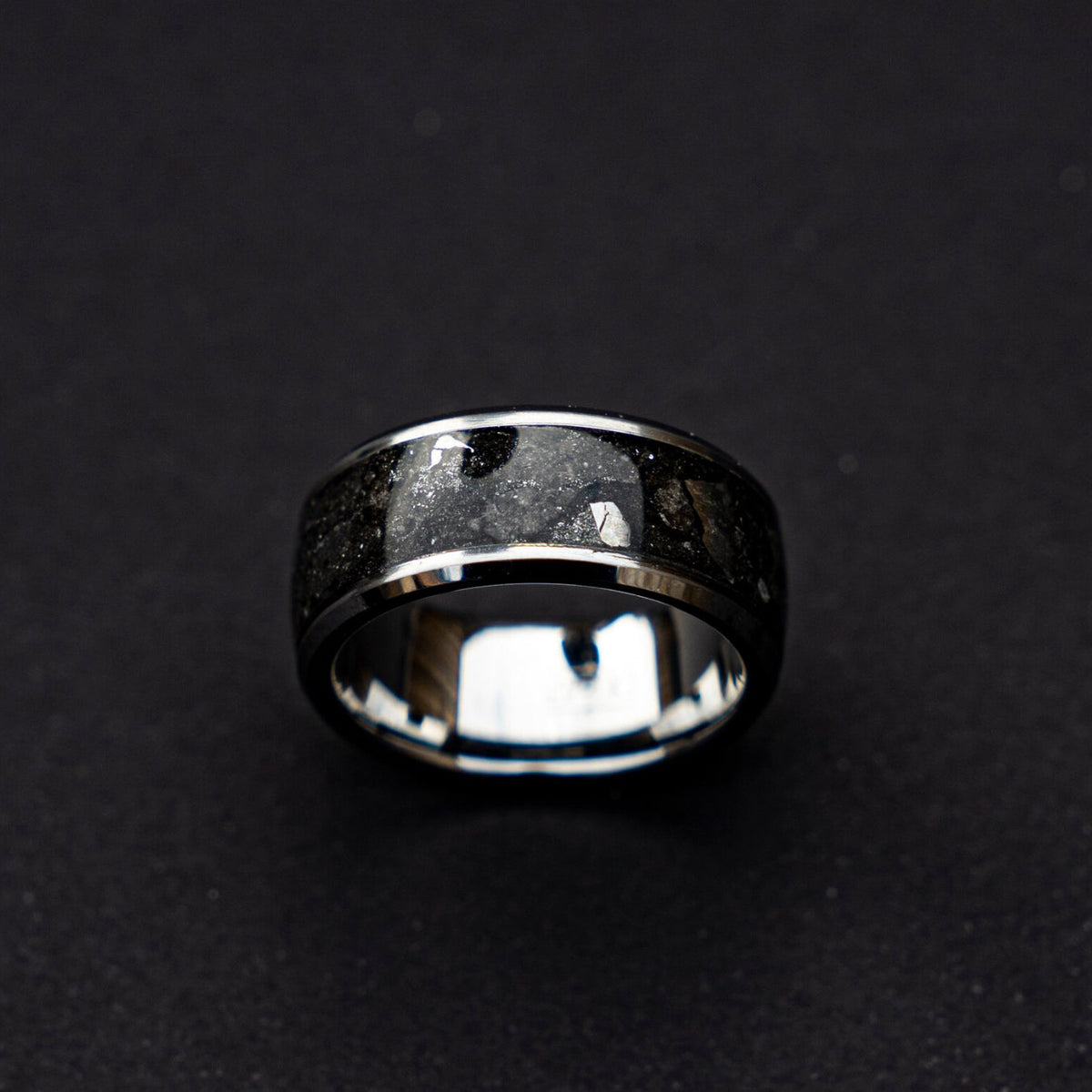 Beveled tungsten ring filled with Moondust and Campo Del Cielo meteorite